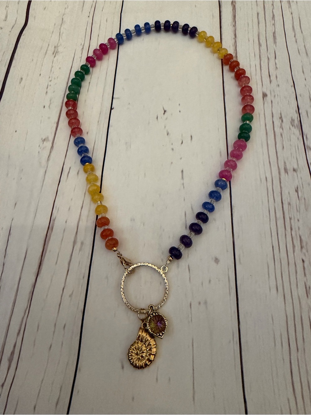 Multicolor Rainbow Beaded Necklace with Gold Charms